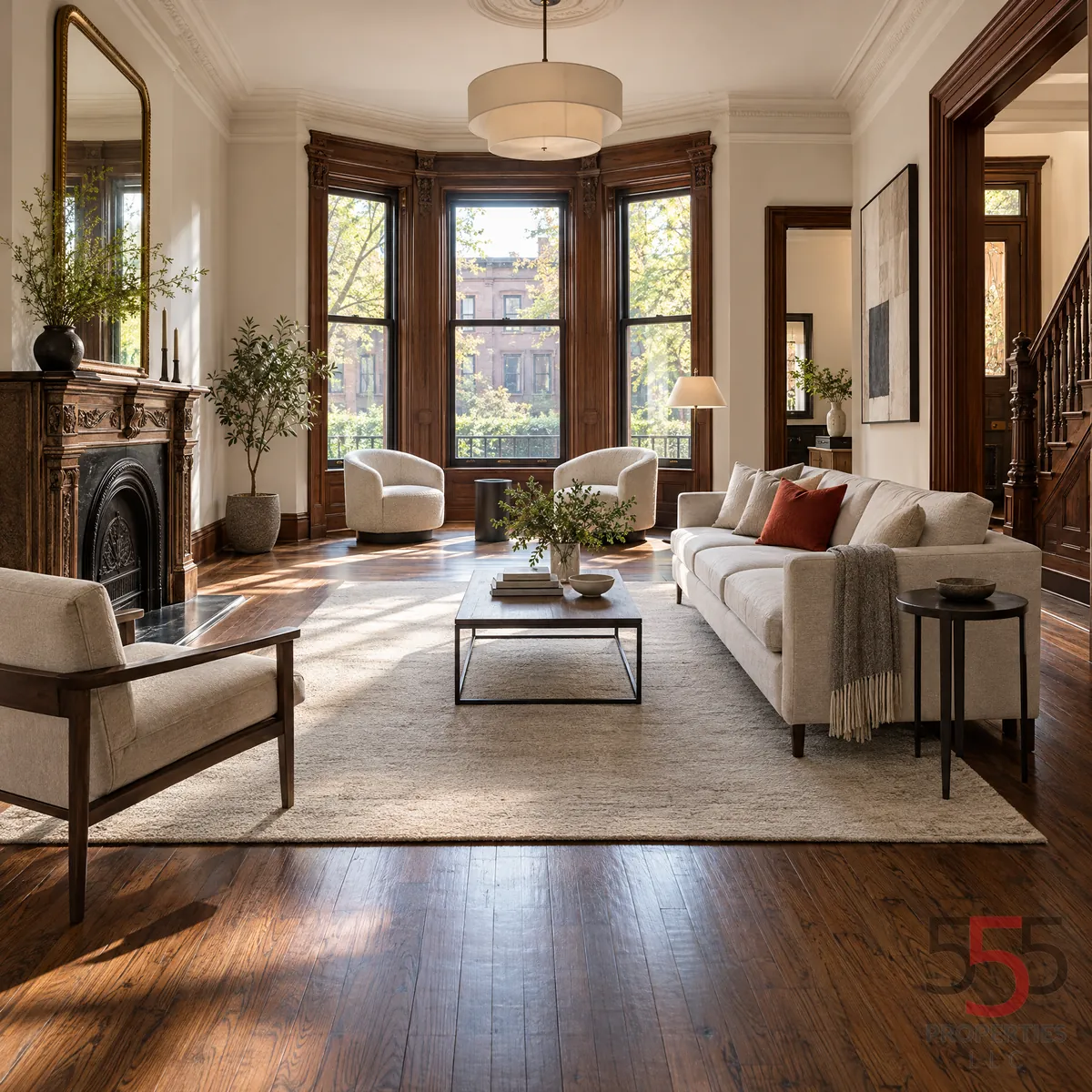 Tidy and uncluttered living room inside a prepared home