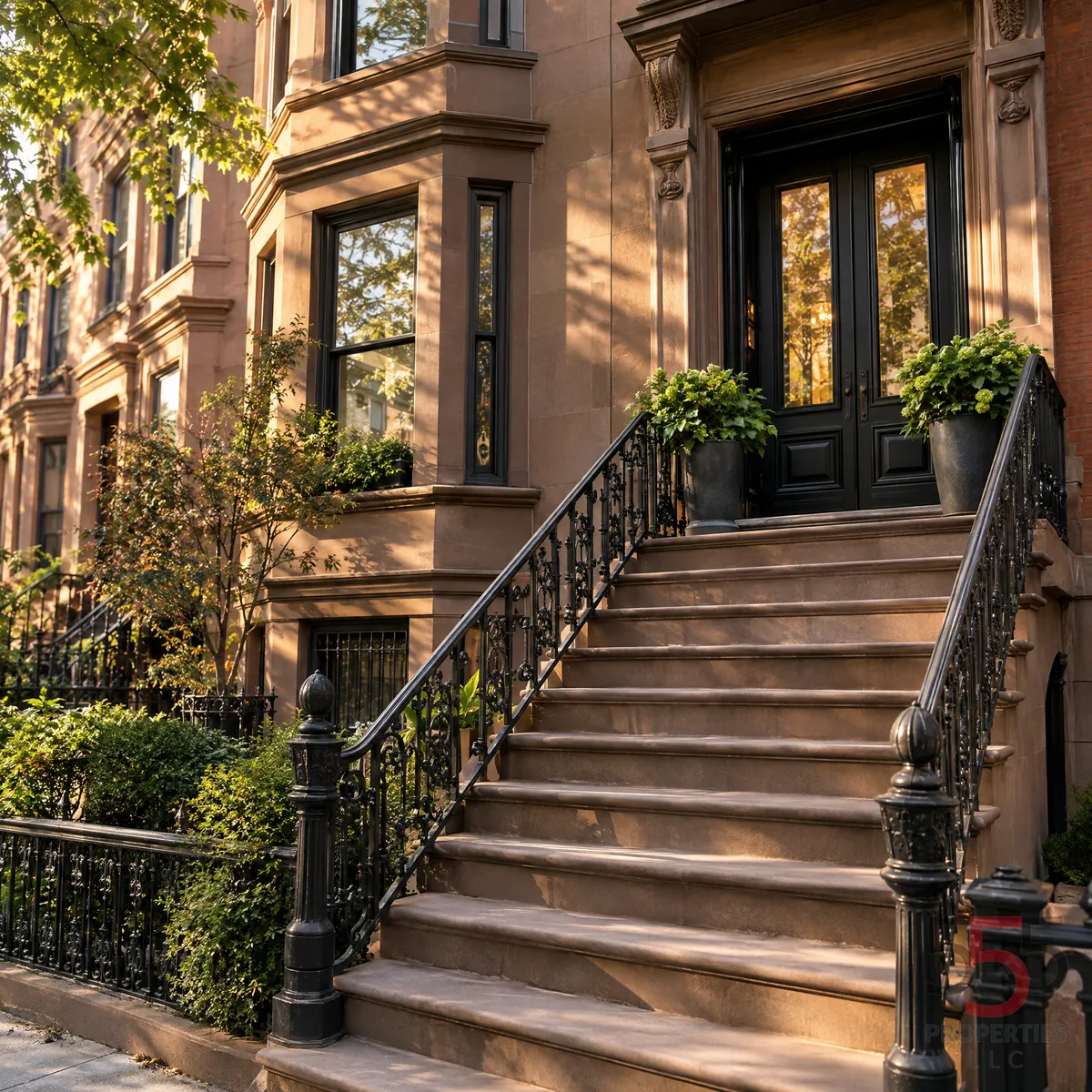 Clean historic Brooklyn brownstone stoop with welcoming greenery